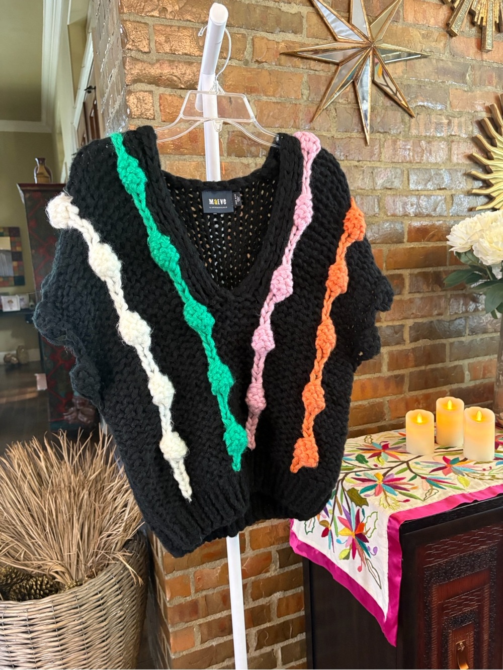 Anthropologie Maeve V-Neck Chunky Knit Sweater Vest with Multicolor cable knit. - Picture 3 of 7